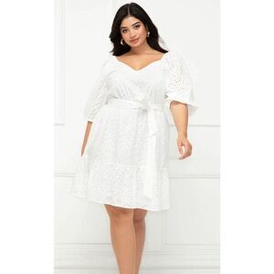 ELOQUII Elements Plus Size 22 White‎ Belted Eyelet Dress Knee Length
